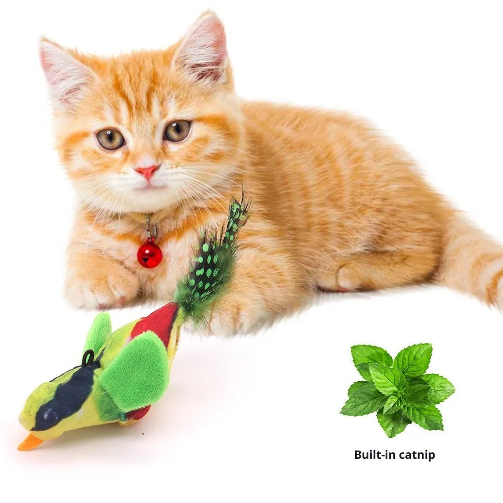 Plush vocal simulation squeaky bird cat toy in green and pink hanging bird designs