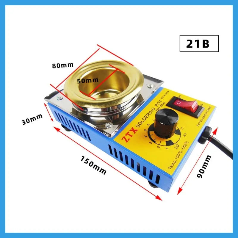 A desktop thermostat-controlled tin melting furnace with adjustable temperature dial.