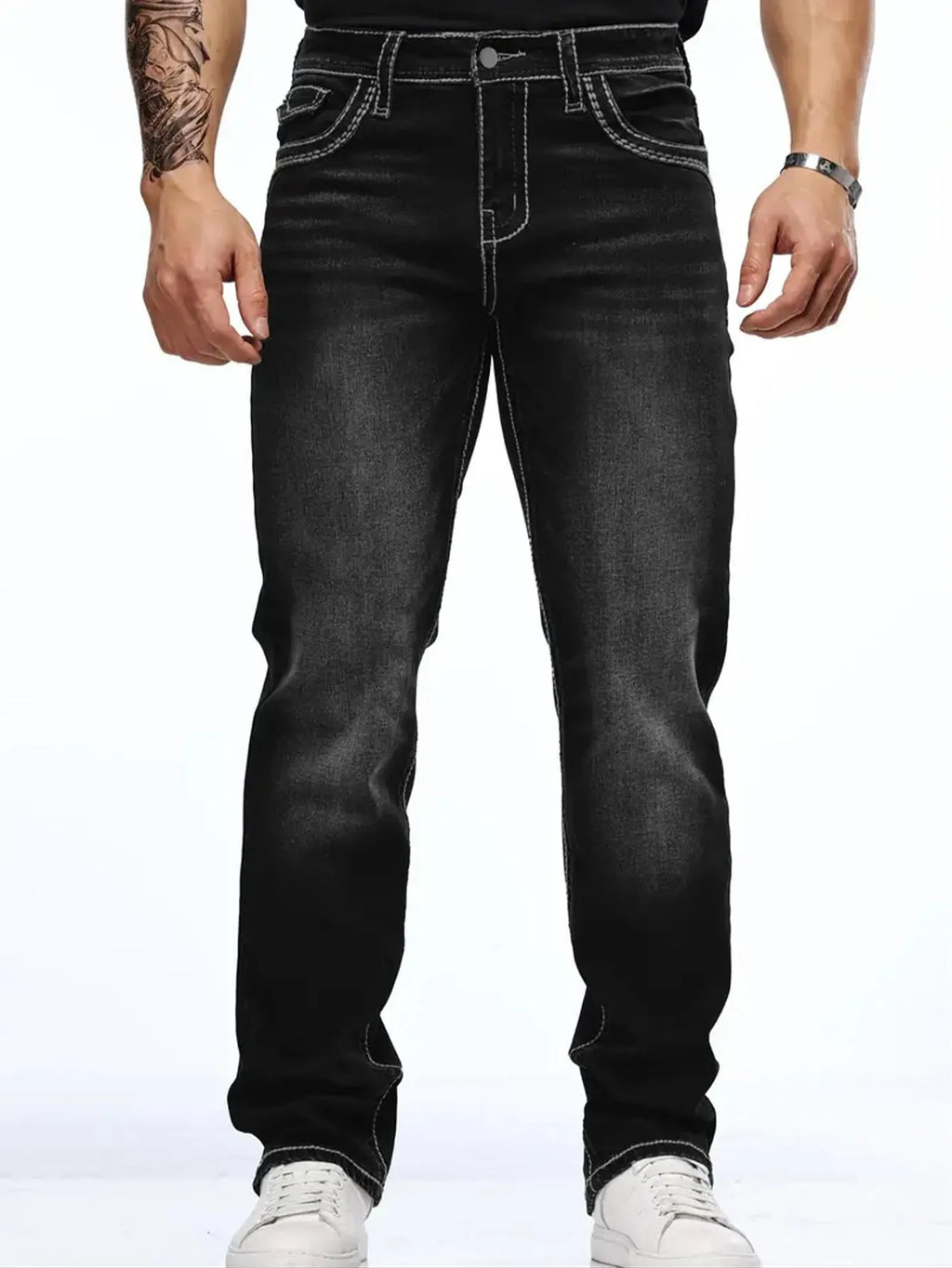 Stretch slim fit black men's cotton denim trousers with straight leg and mid waist
