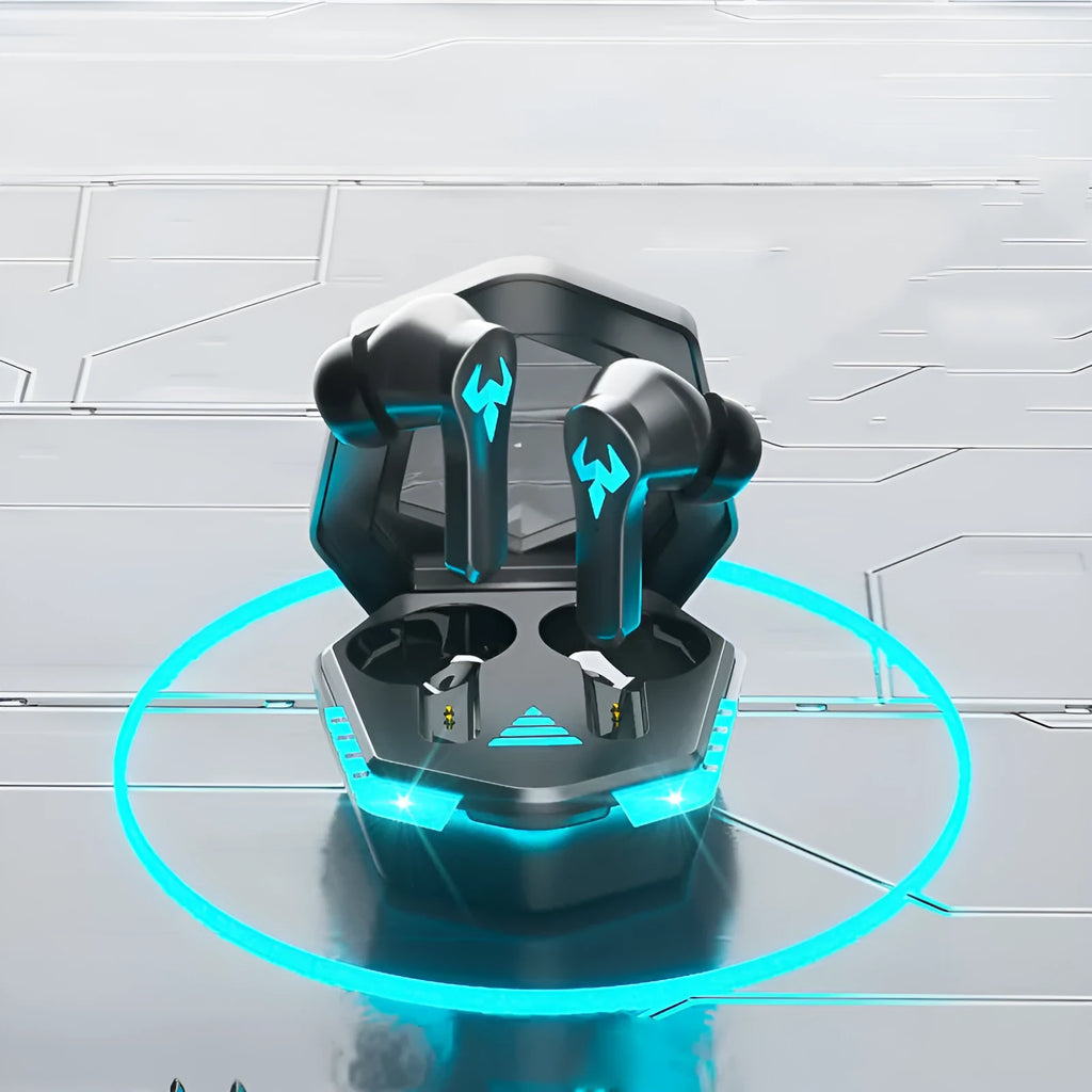 Black in-ear Bluetooth sports headset with microphone for gaming and calls.