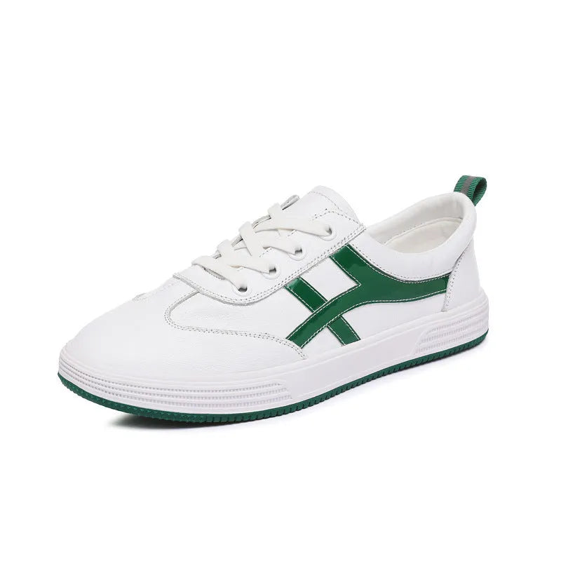 Women's white and black leather sneakers with elastic band closure and round toe
