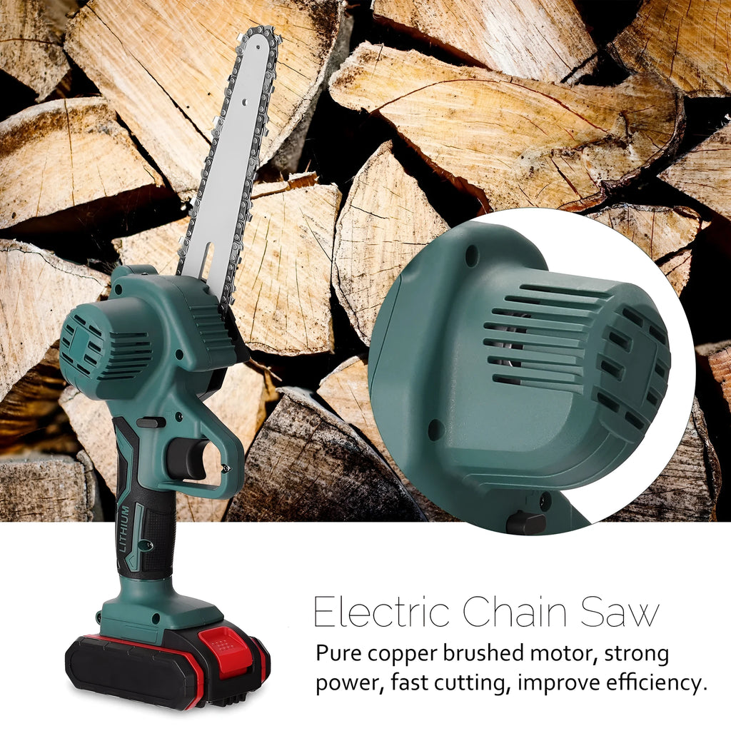 Black one-handed mini electric chainsaw with a 4 inch guide bar on a wooden log.