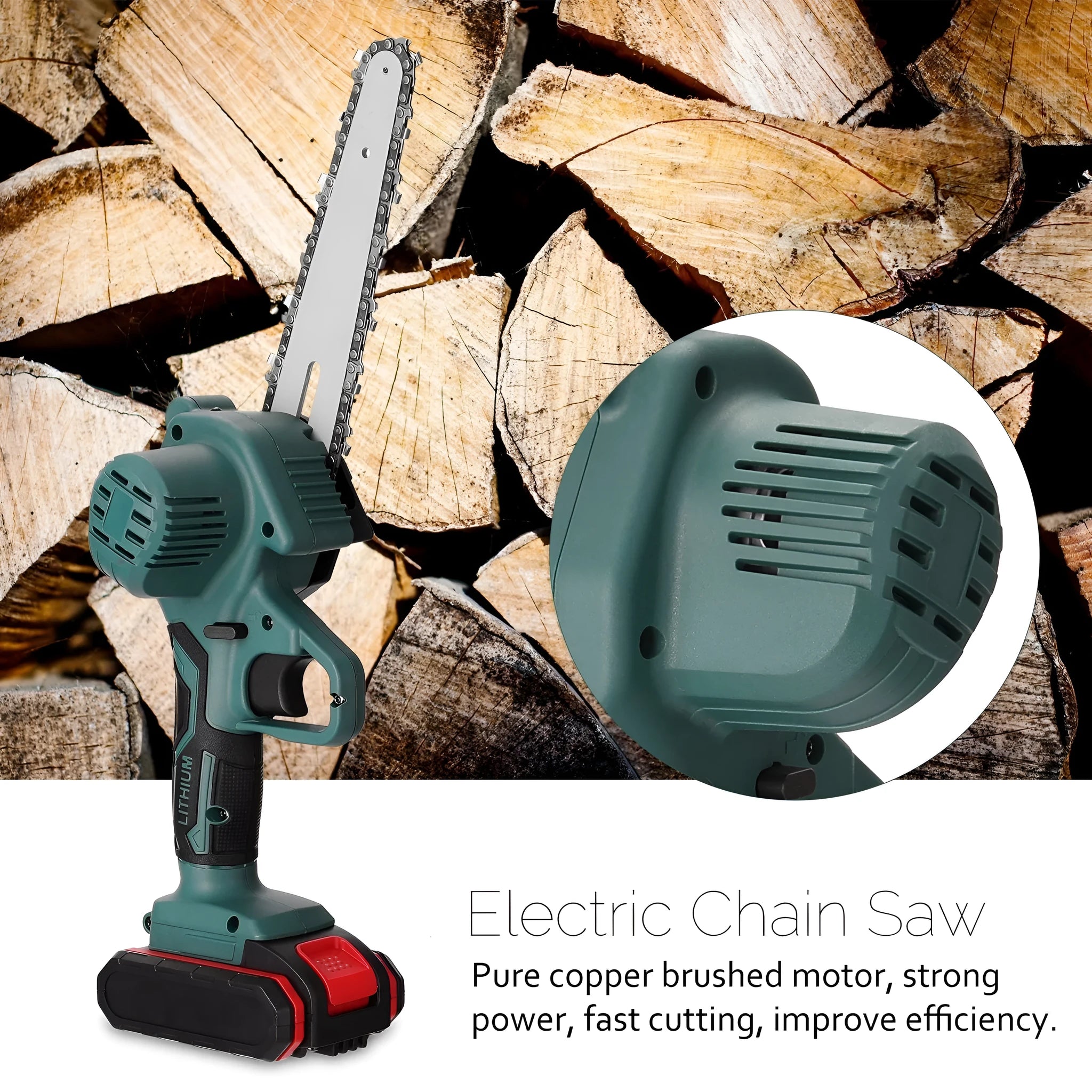 Black one-handed mini electric chainsaw with a 4 inch guide bar on a wooden log.