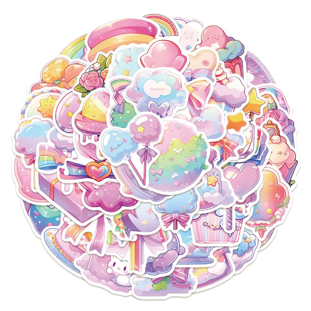 Pack of 50 cute candy-themed waterproof decorative stickers, sizes 4-7 cm.