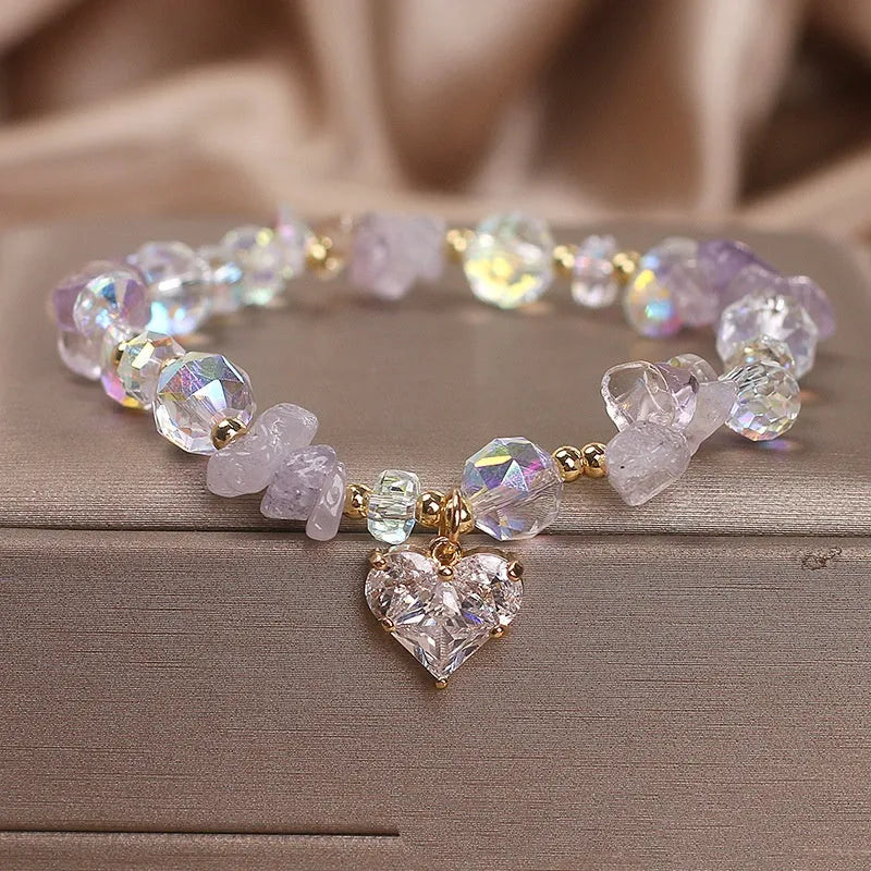 Light purple crystal bracelet with heart-shaped element, Korean fashion women's jewellery for travel souvenir gifting