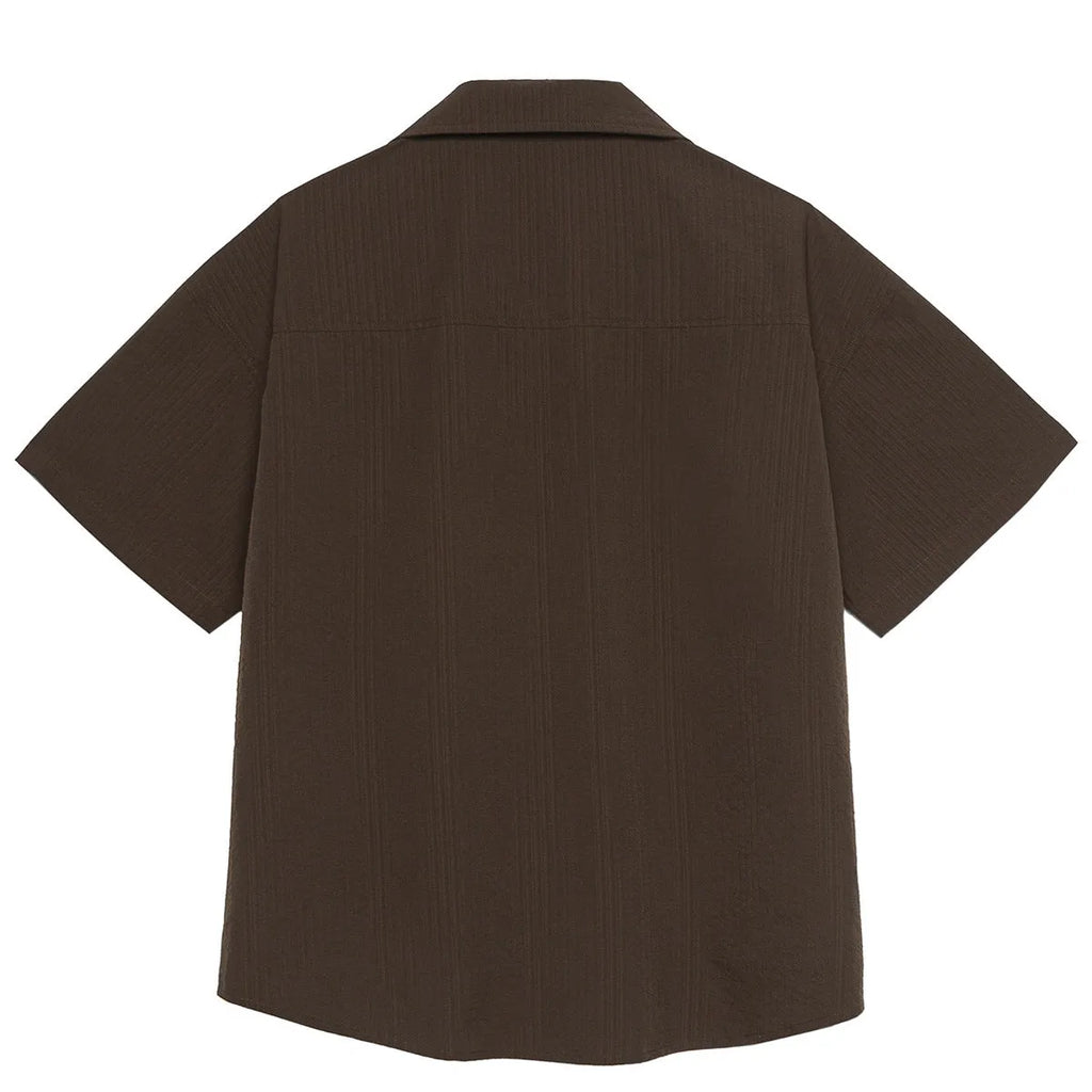 Brown striped men's short sleeve shirt with a Cuban collar, made from quick-dry polyester for outdoor use.