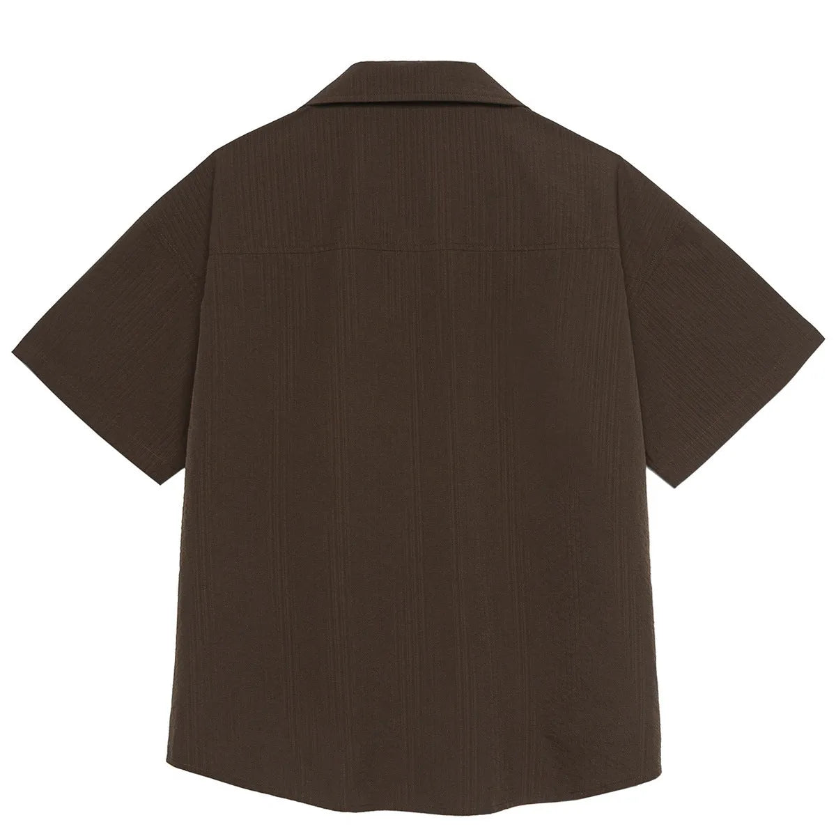 Brown striped men's short sleeve shirt with a Cuban collar, made from quick-dry polyester for outdoor use.