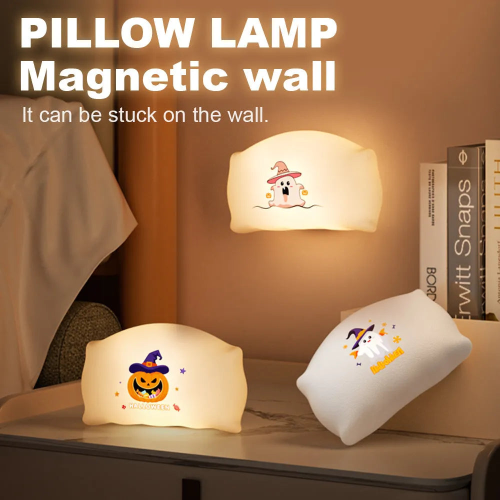 Cartoon Halloween doll table lamp in Magic Ghost colour with warm LED glow, shown on a bedside table.