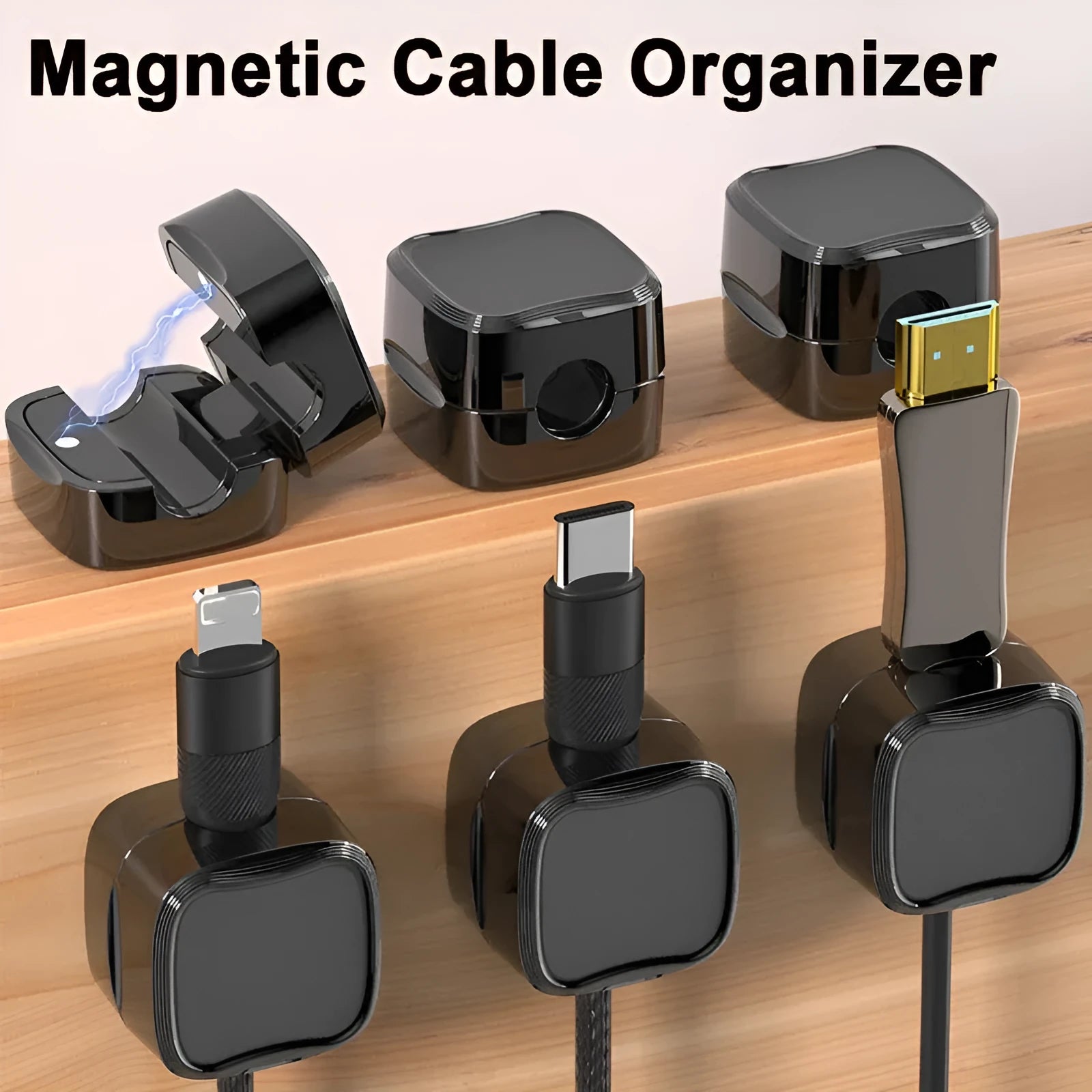 Magnetic cable clip under desk cable management organizer in black or white with adhesive backing