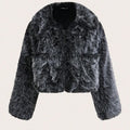 Women's short black tip artificial fur winter coat with a large fur collar and long sleeves.