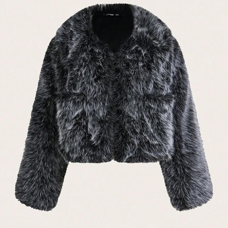 Women's short black tip artificial fur winter coat with a large fur collar and long sleeves.