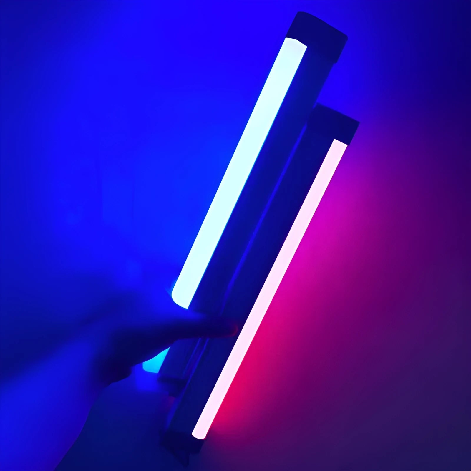Blue and purple USB rechargeable LED tube light stick with dimmer switch.