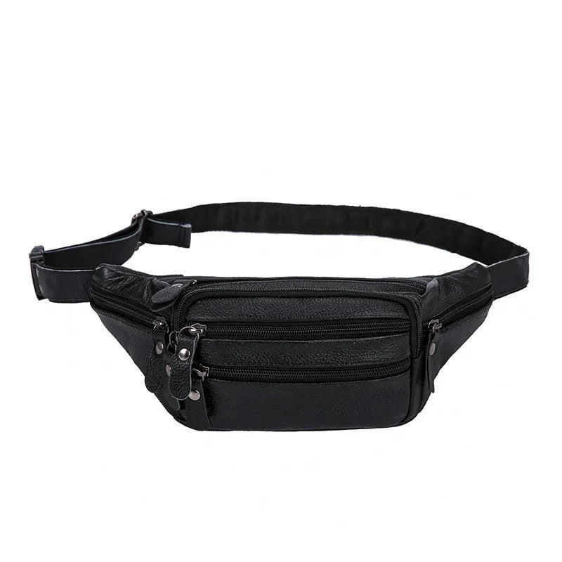Cowhide men's belt bag in brown leather, horizontal square shape with zipper, size 23x13x8cm on model