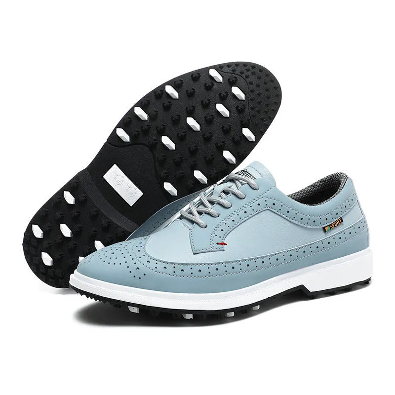 Men's genuine leather golf shoe with non-slip rubber outsole in Lake Blue or White.