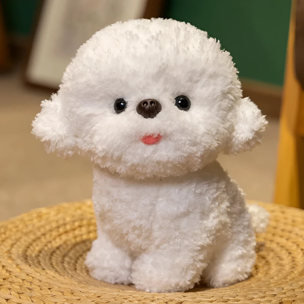 Bichon Frise plush toy with tongue-sticking design, shown in gray or white and available in 20cm or 30cm sizes.