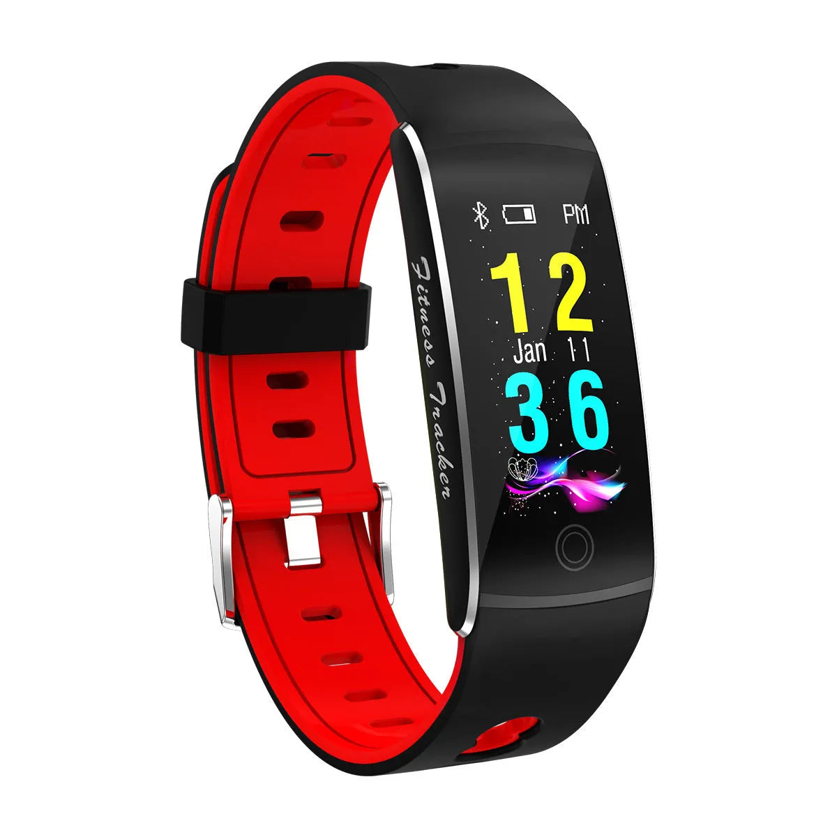 F10T smart bracelet with colour touchscreen on a silicone wrist strap, shown in black, green, orange, and red colour options.