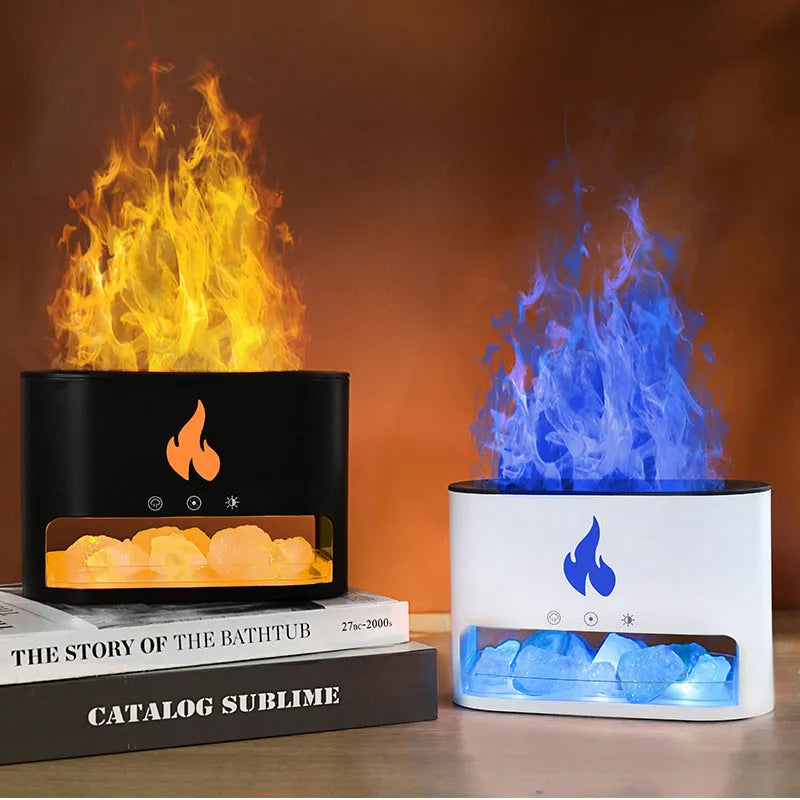 Square white flame humidifier aromatherapy machine with colourful 3D simulation flame on a desk.