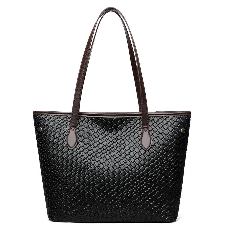 Retro women's large capacity commuter handbag in black PU leather with horizontal square design