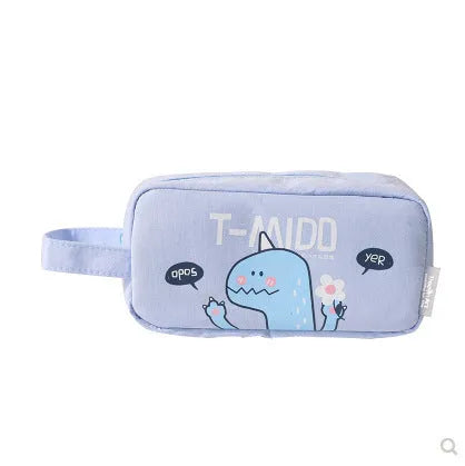 Cartoon dinosaur stationery bag in cotton cloth, inverted trapezoid shape, 18.5x9 cm, blue colour