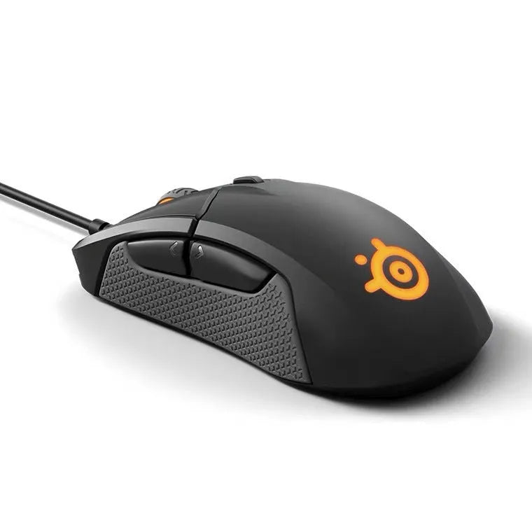 Black wired gaming mouse with 6 buttons, ergonomic shape, USB cable, 12000 DPI sensor