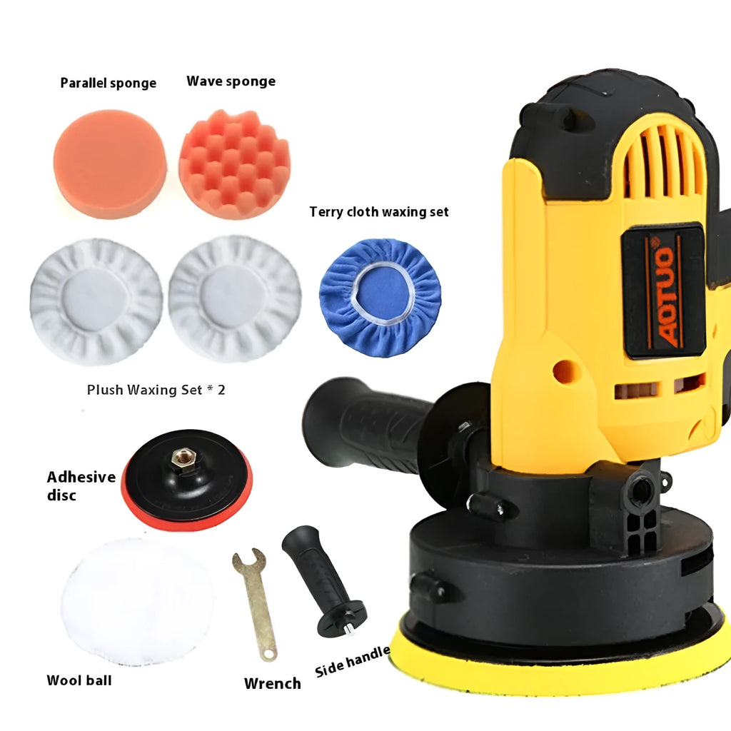 Yellow 700W car polishing machine set with polishing disk wool ball and side handle on white background