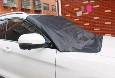 Magnetic car windshield cover with 6 magnets, black and silver, 210x125cm on a car windshield for snow protection