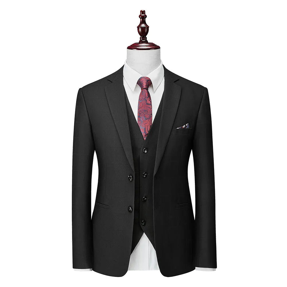 Men's navy blue plaid slim fit three-piece business casual suit with vest, jacket and trousers