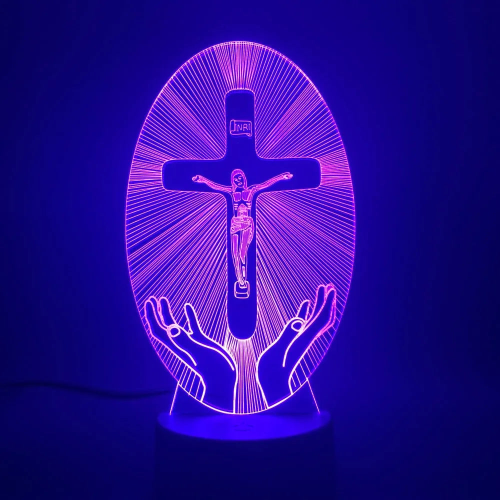 Cross acrylic 3D night light with LED, showing 200x150mm slim panel and colour glow