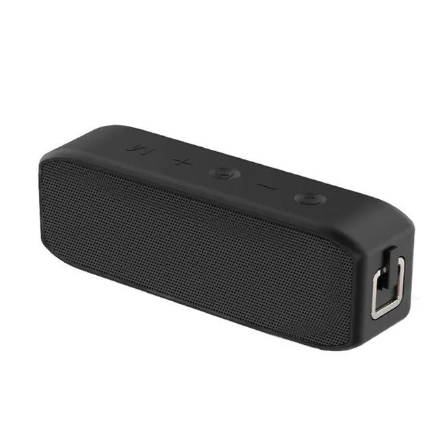 Black waterproof wireless Bluetooth speaker with control buttons and connectivity ports