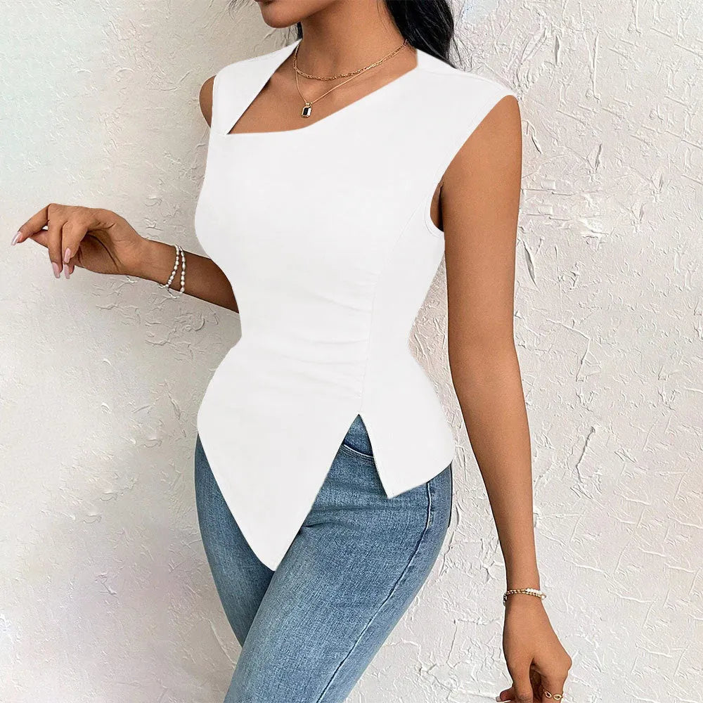 Women's diagonal collar slim fit short sleeve solid colour polyester top in black beige light blue light yellow brown purplish red dark blue