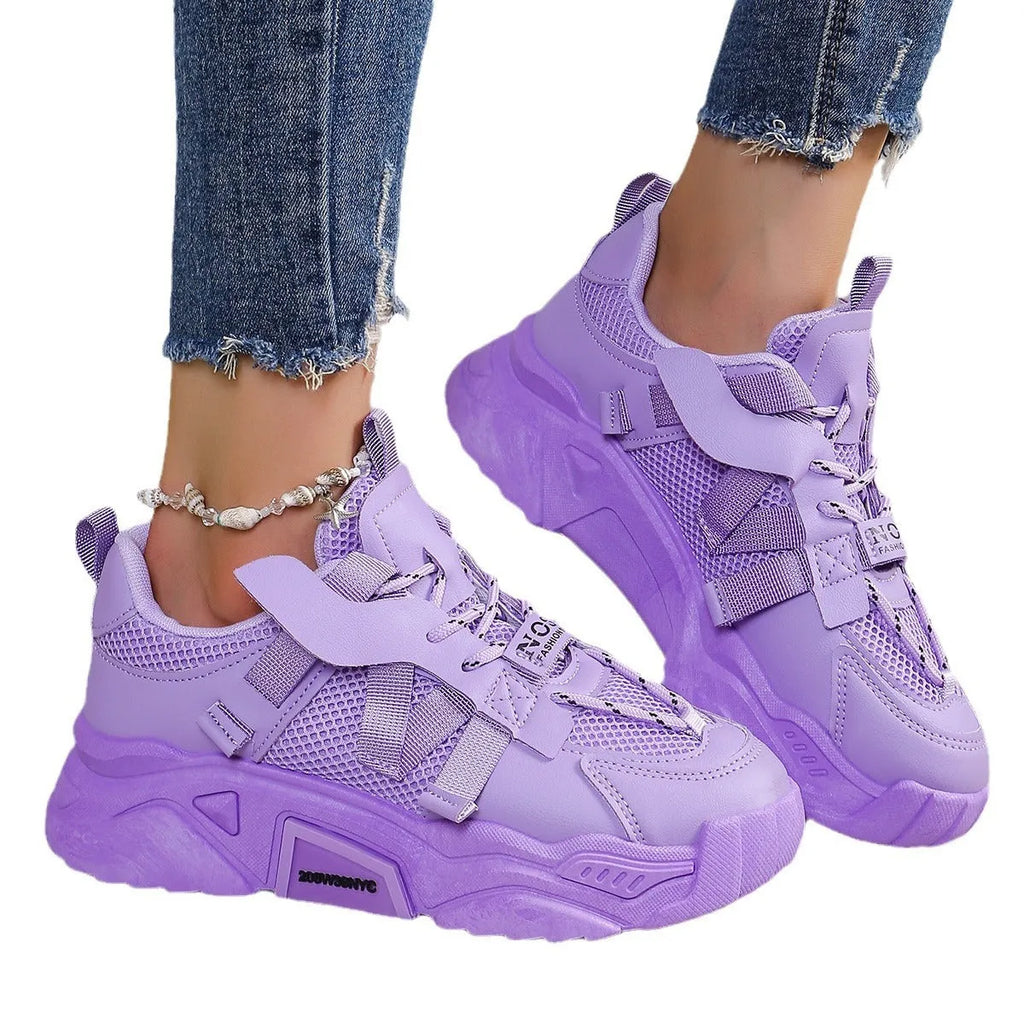 Women's purple platform mesh sports shoes with animal pattern design and lace-up front closure