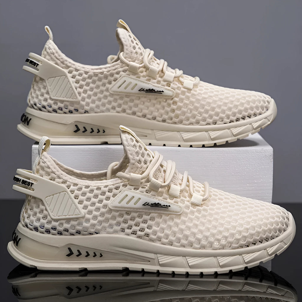 Men's beige synthetic leather and mesh casual sneaker with white EVA sole and lace-up front.