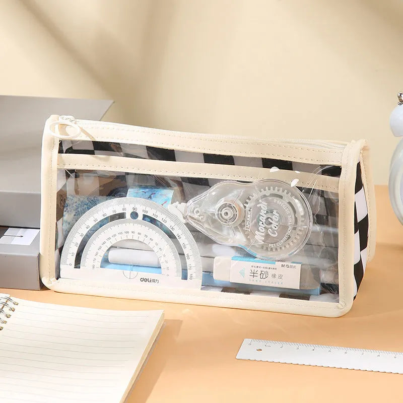 Clear PVC pencil case with chessboard pattern showing pens inside