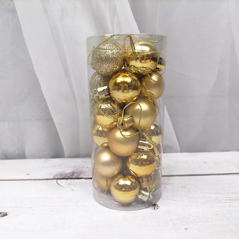 Assortment of 3cm diameter shiny matte plastic Christmas baubles in gold, red, silver, blue, and pink colours.