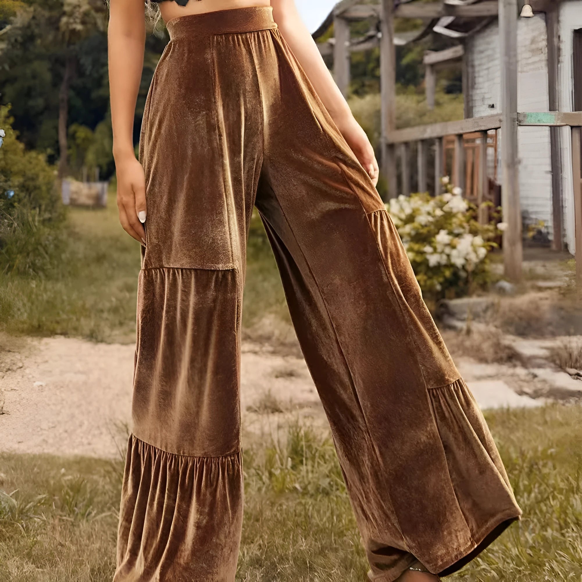 Chestnut flared wide-leg trousers for women with high waist and ruffles