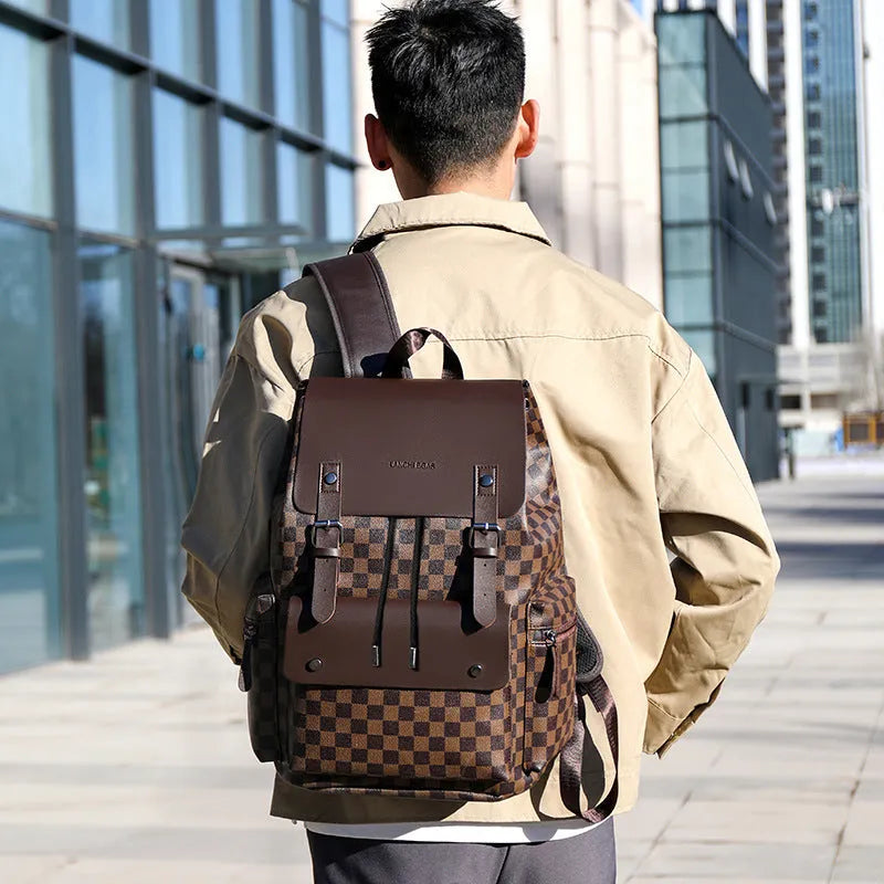 Men's plaid backpack in black round plaid with PU outer, polyester lining and curved shoulder strap