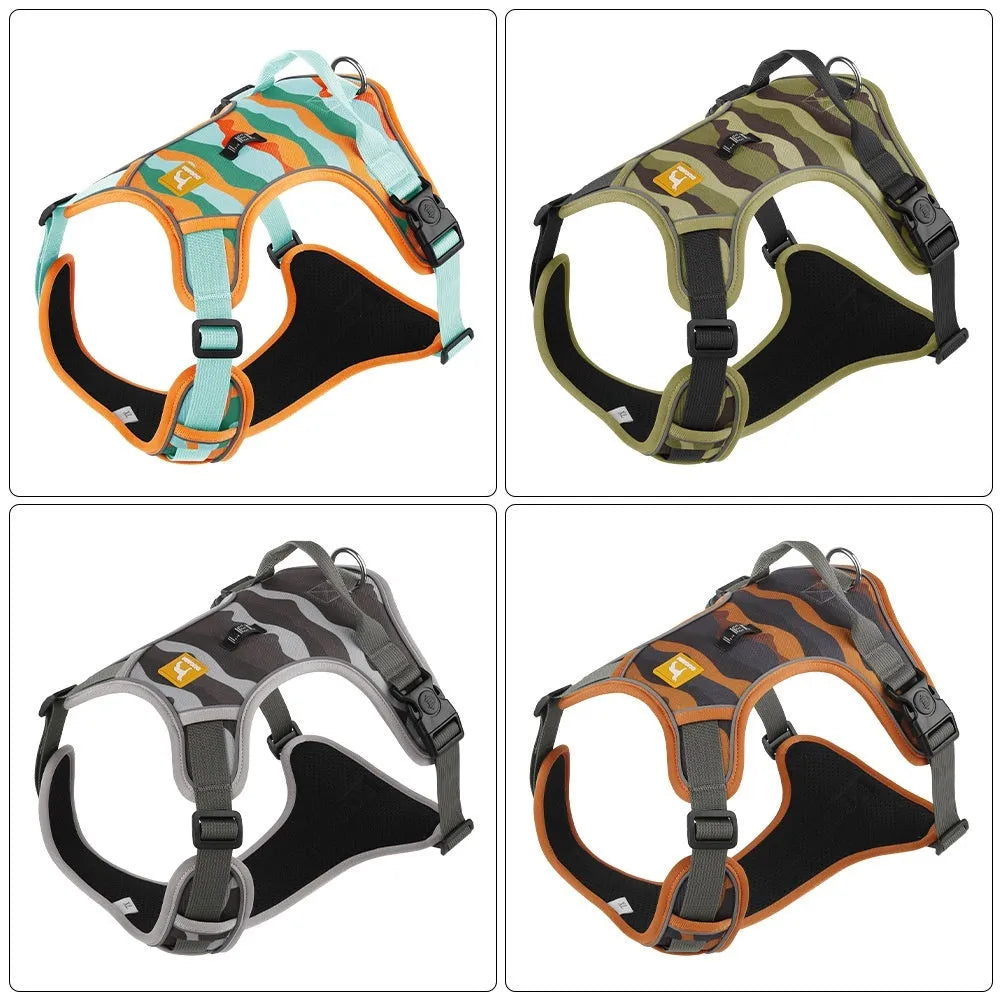 Reflective dog harness and lead in oxford cloth, showing chest and back attachment points and hand-holding rope.