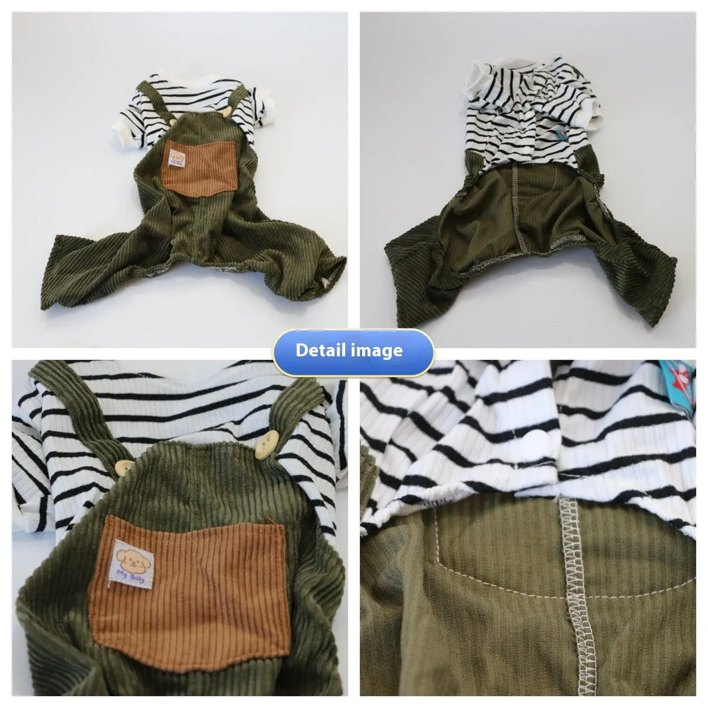 Green black and white striped four-legged pet pants for small dogs, polyester, sizes XS to XL