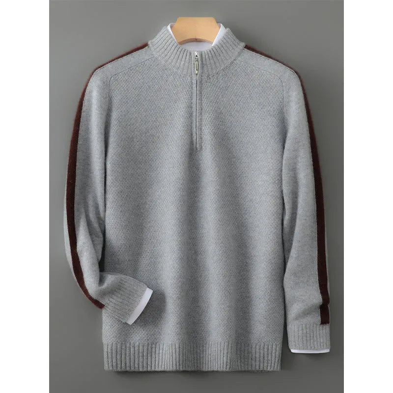 Half-height zip round neck slim fit wool sweater in raw velvet camel colour