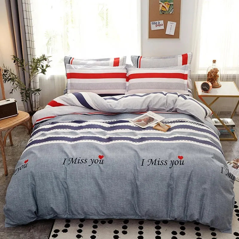 Cotton duvet cover and fitted sheet bedding set in a colour option, shown on a bed