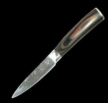 Carpenter's Special kitchen knife with laser Damascus pattern blade and coloured wood handle
