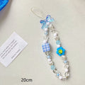 A blue beaded flower mobile phone lanyard with a hand rope design, measuring 1 metre long.