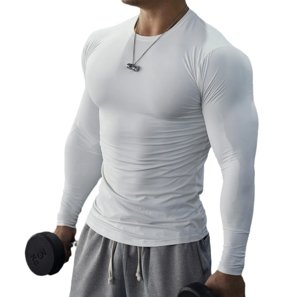 Men's black long sleeve slim fit fitness tights for running and gym workouts
