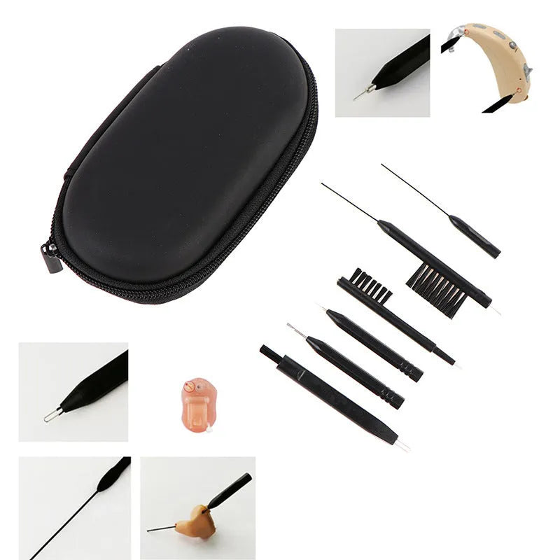 Digital hearing aid cleaning care kit with brush cloth screwdriver and rod in compact 12x7x3cm case
