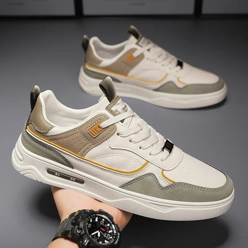 Men and women's casual board shoes in beige and white with rubber sole and mesh upper, flat heel