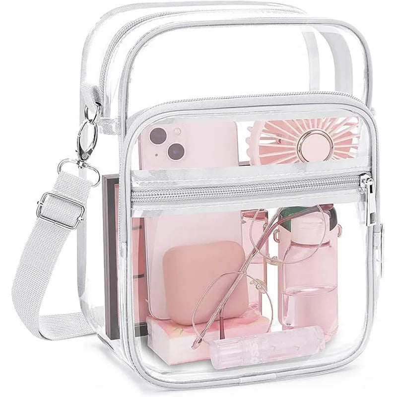 PVC waterproof crossbody bag in cube style design showing dimensions and colour options