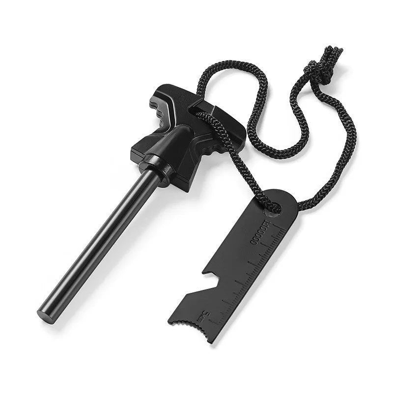 Stainless steel butterfly-shaped firestarter and bottle opener outdoor tool.