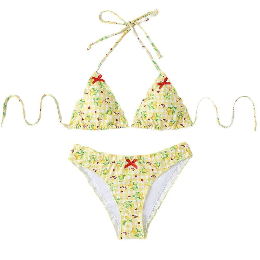 Floral backless split high-elasticity nylon bikini swimsuit for women