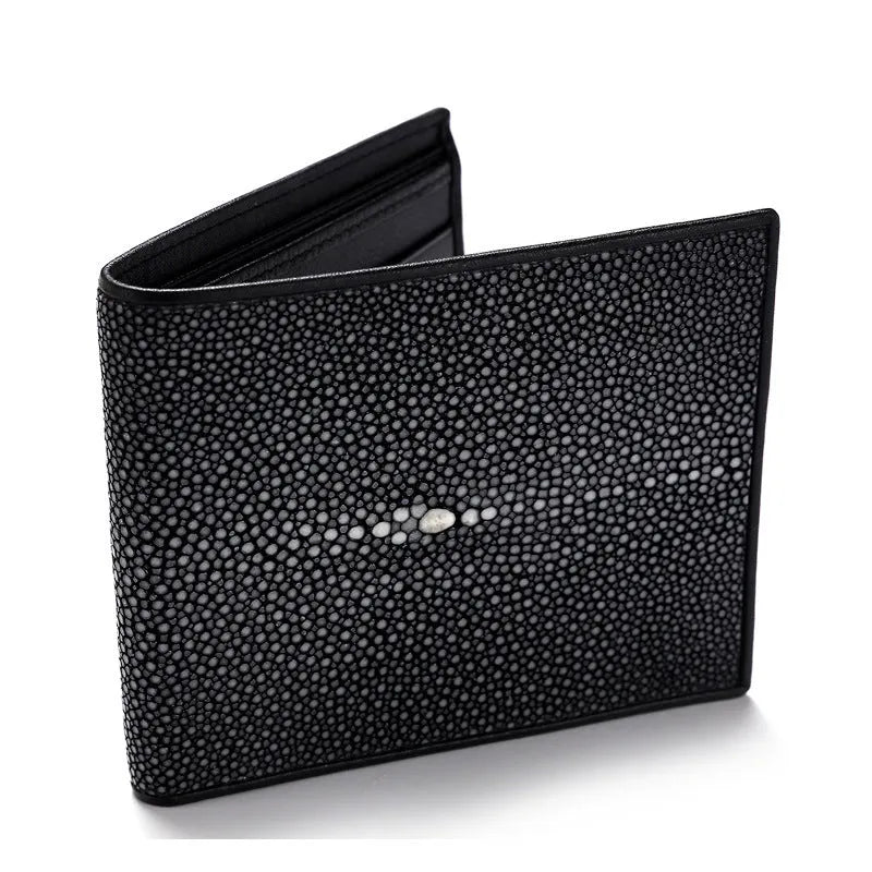 Short horizontal genuine leather cowhide wallet with pearl fishskin lining.