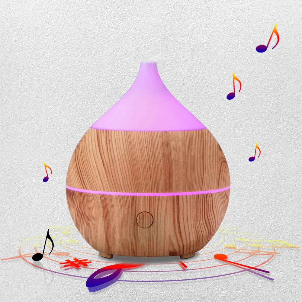 200ml PP ultrasonic aromatherapy humidifier with hollow seven colour lamp, 12.9cm diameter, 15cm height, wood grain finish